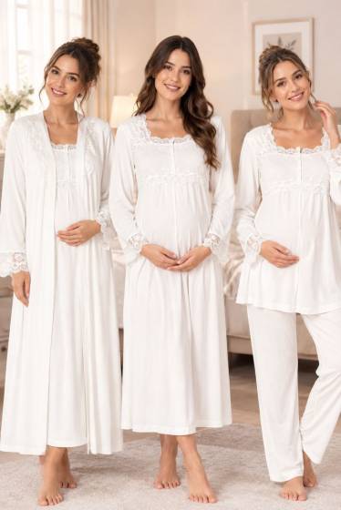 Effortt - Ekru Hamile Lohusa Sabahlıklı Gecelik ve Pijama Takımı 4 Lü Set