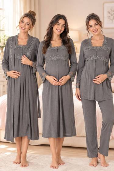 Effortt - Füme Hamile Lohusa Sabahlıklı Gecelik ve Pijama Takımı 4 Lü Set