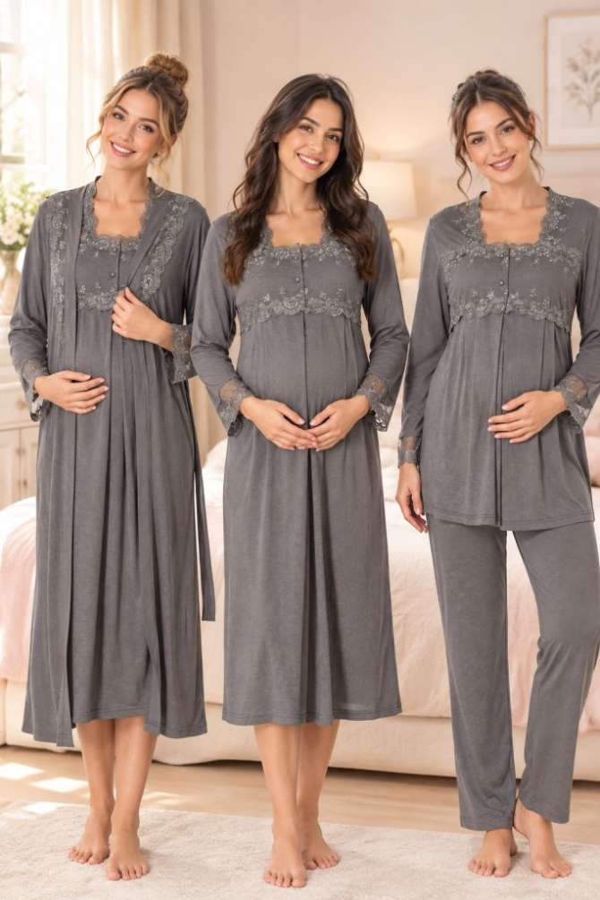 Effortt - Füme Hamile Lohusa Sabahlıklı Gecelik ve Pijama Takımı 4 Lü Set