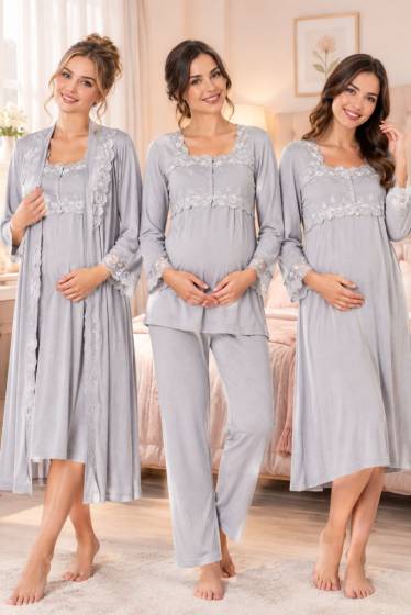 Effortt - Gri Hamile Lohusa Sabahlıklı Gecelik ve Pijama Takımı 4 Lü Set