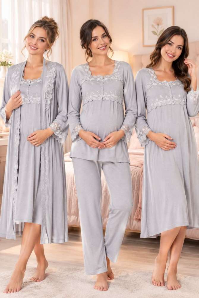 Gri Hamile Lohusa Sabahlıklı Gecelik ve Pijama Takımı 4 Lü Set