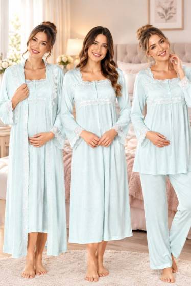 Effortt - Mavi Hamile Lohusa Sabahlıklı Gecelik ve Pijama Takımı 4 Lü Set