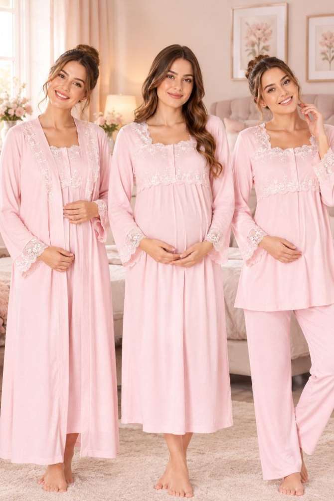Pembe Hamile Lohusa Sabahlıklı Gecelik ve Pijama Takımı 4 Lü Set