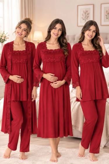 Effortt - Vişne Hamile Lohusa Sabahlıklı Gecelik ve Pijama Takımı 4 Lü Set