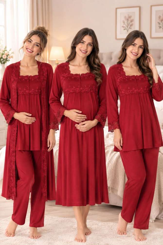 Vişne Hamile Lohusa Sabahlıklı Gecelik ve Pijama Takımı 4 Lü Set