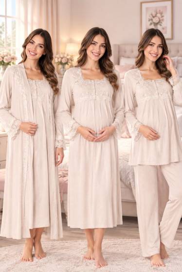 Effortt - Vizon Hamile Lohusa Sabahlıklı Gecelik ve Pijama Takımı 4 Lü Set