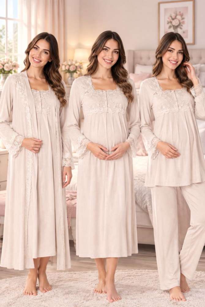 Vizon Hamile Lohusa Sabahlıklı Gecelik ve Pijama Takımı 4 Lü Set