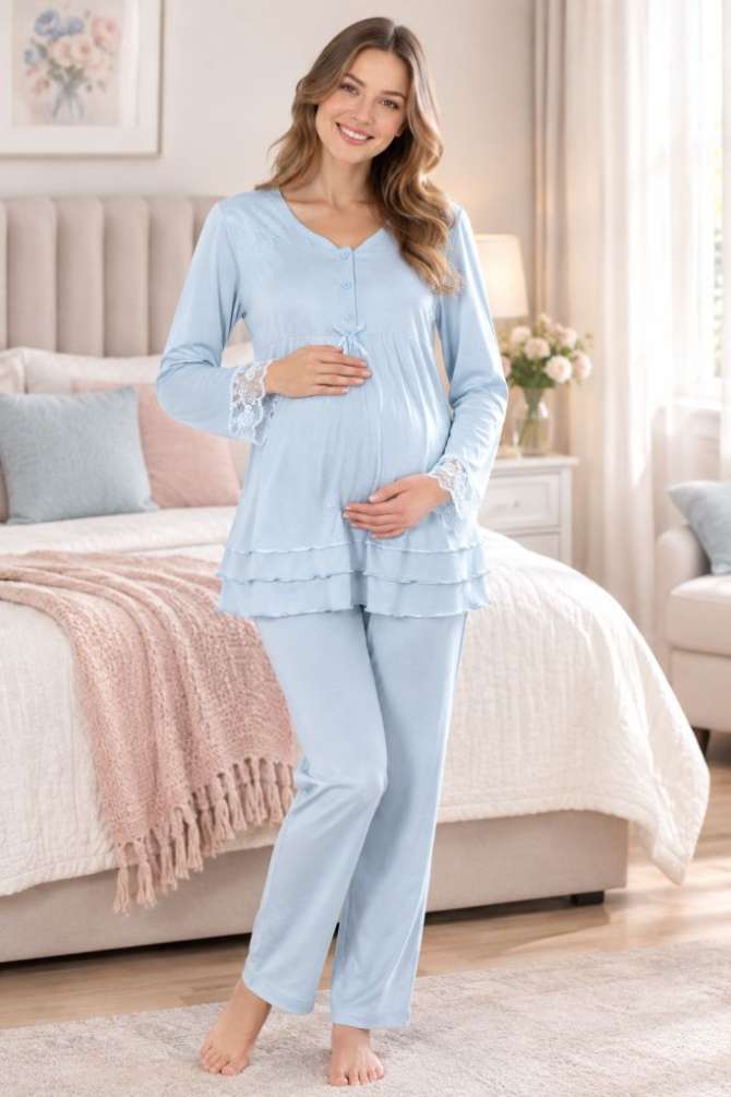 Mavi Hamile Lohusa Ayarlanabilir Bel Lastikli Pijama Takımı