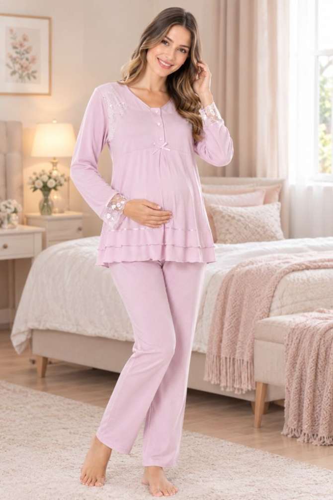 Pembe Hamile Lohusa Ayarlanabilir Bel Lastikli Pijama Takımı