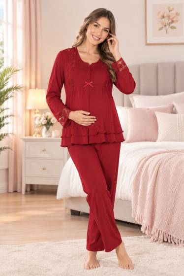 Effortt - Vişne Hamile Lohusa Ayarlanabilir Bel Lastikli Pijama Takımı