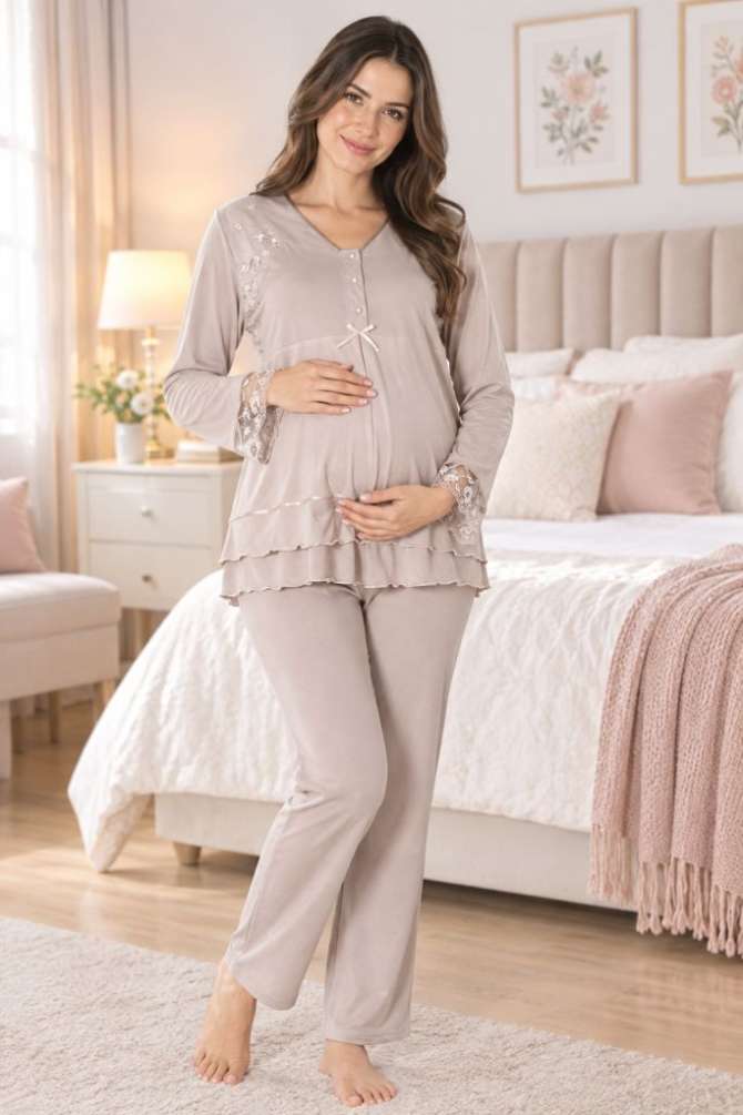 Vizon Hamile Lohusa Ayarlanabilir Bel Lastikli Pijama Takımı