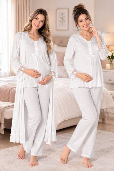Effortt - Ekru Hamile Lohusa Sabahlıklı Ayarlanabilir Bel Pijama Takımı