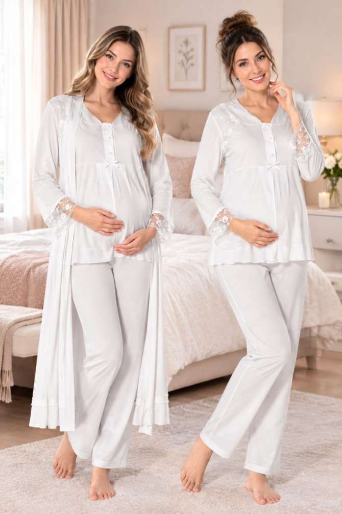 Ekru Hamile Lohusa Sabahlıklı Ayarlanabilir Bel Pijama Takımı