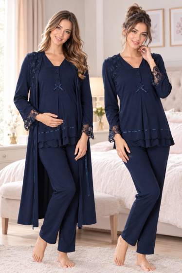 Effortt - Lacivert Hamile Lohusa Sabahlıklı Ayarlanabilir Bel Pijama Takımı