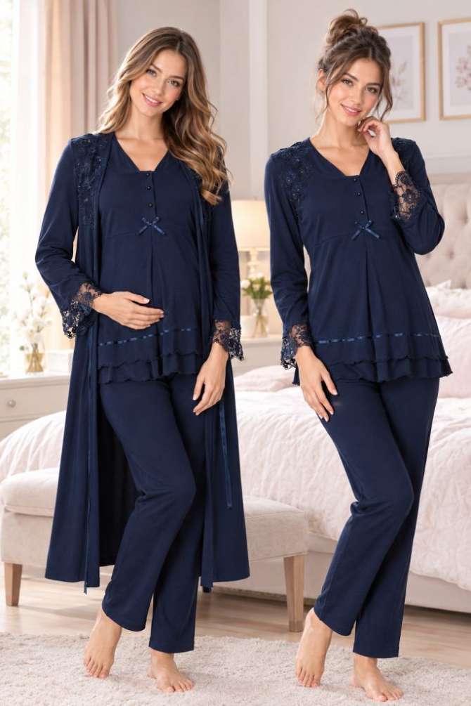 Lacivert Hamile Lohusa Sabahlıklı Ayarlanabilir Bel Pijama Takımı