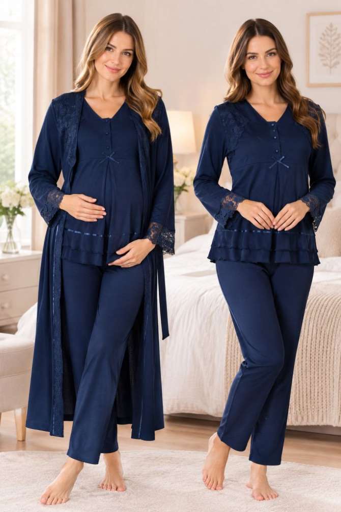 Lacivert Hamile Lohusa Sabahlıklı Ayarlanabilir Bel Pijama Takımı