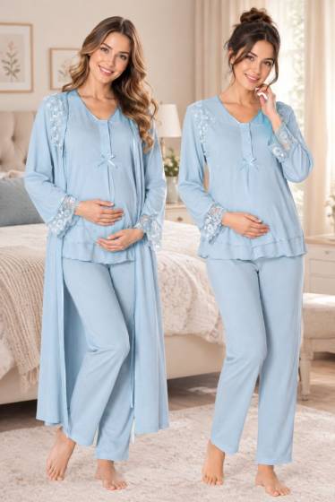 Effortt - Mavi Hamile Lohusa Sabahlıklı Ayarlanabilir Bel Pijama Takımı