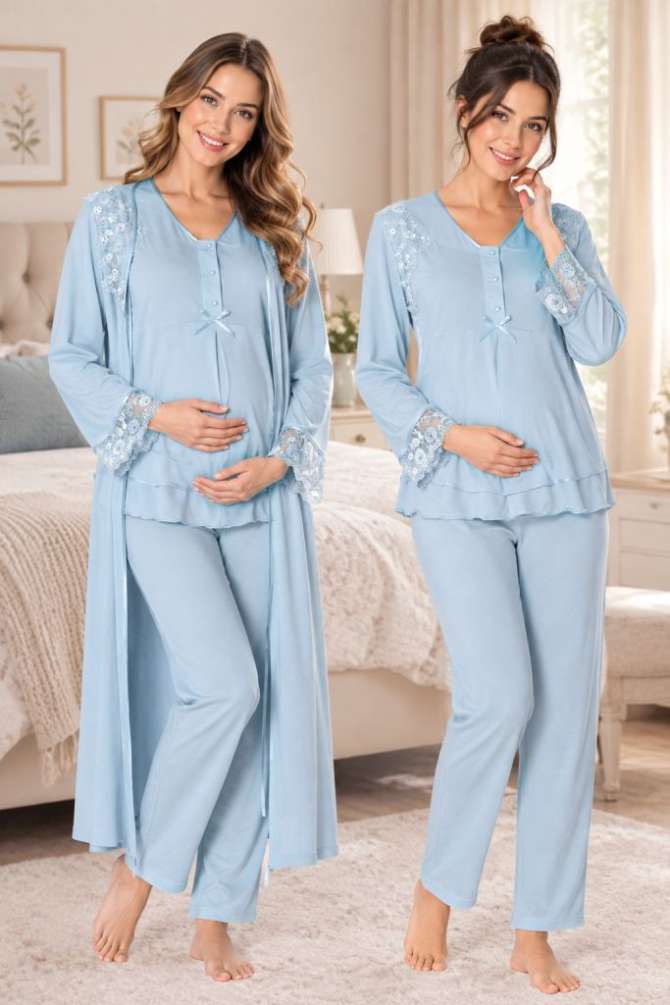 Mavi Hamile Lohusa Sabahlıklı Ayarlanabilir Bel Pijama Takımı