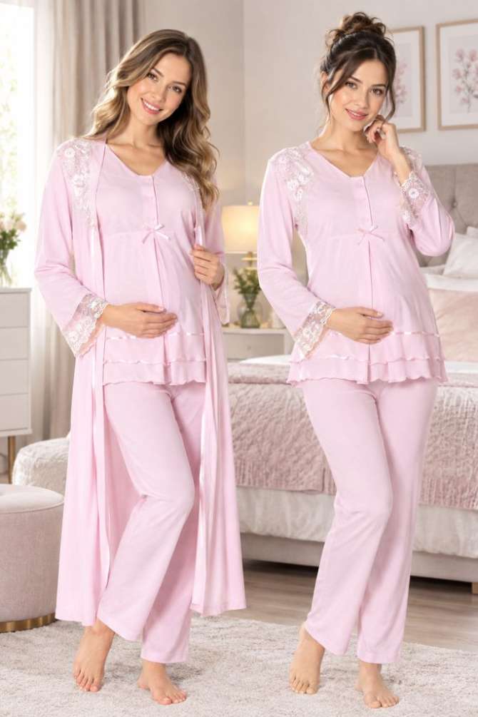 Pembe Hamile Lohusa Sabahlıklı Ayarlanabilir Bel Pijama Takımı