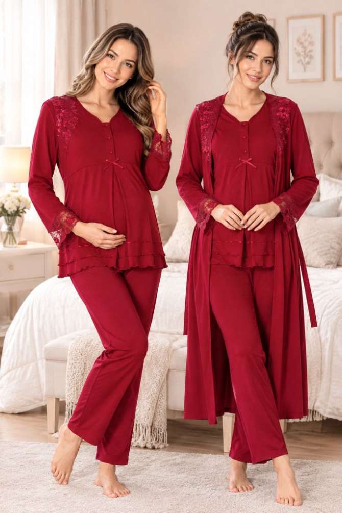 Vişne Hamile Lohusa Sabahlıklı Ayarlanabilir Bel Pijama Takım