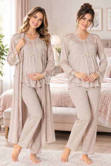 Effortt - Vizon Hamile Lohusa Sabahlıklı Ayarlanabilir Bel Pijama Takımı