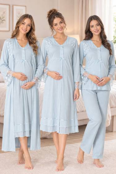 Effortt - Mavi Hamile Lohusa Sabahlıklı Gecelik ve Pijama Takımı Lohusa Set 4 Parça