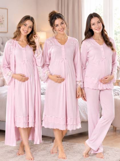 Effortt - Pembe Hamile Lohusa Sabahlıklı Gecelik ve Pijama Takımı Lohusa Set 4 Parça