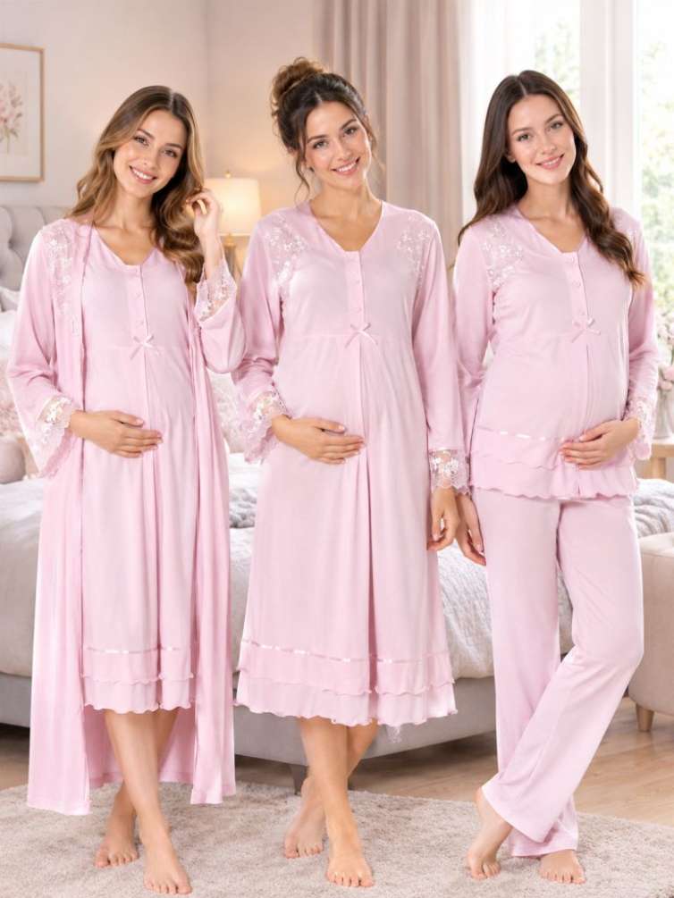 Pembe Hamile Lohusa Sabahlıklı Gecelik ve Pijama Takımı Lohusa Set 4 Parça