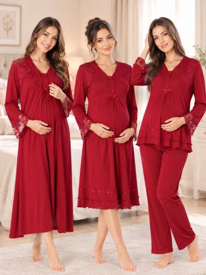 Effortt - Vişne Hamile Lohusa Sabahlıklı Gecelik ve Pijama Takımı Lohusa Set 4 Parça