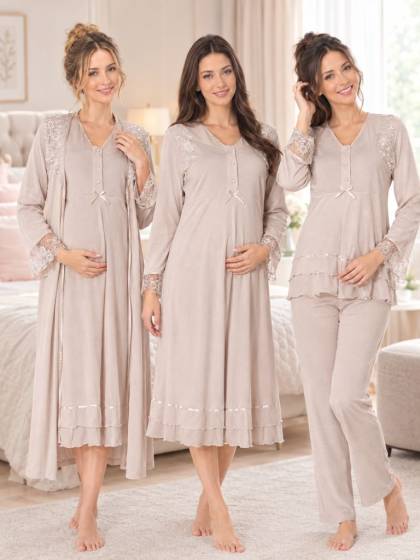 Effortt - Vizon Hamile Lohusa Sabahlıklı Gecelik ve Pijama Takımı Lohusa Set 4 Parça