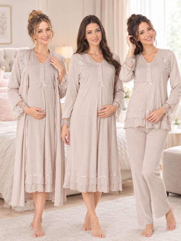 Vizon Hamile Lohusa Sabahlıklı Gecelik ve Pijama Takımı Lohusa Set 4 Parça