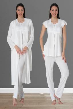 Effortt - Ekru Hamile Lohusa Sabahlıklı Pijama Takımı