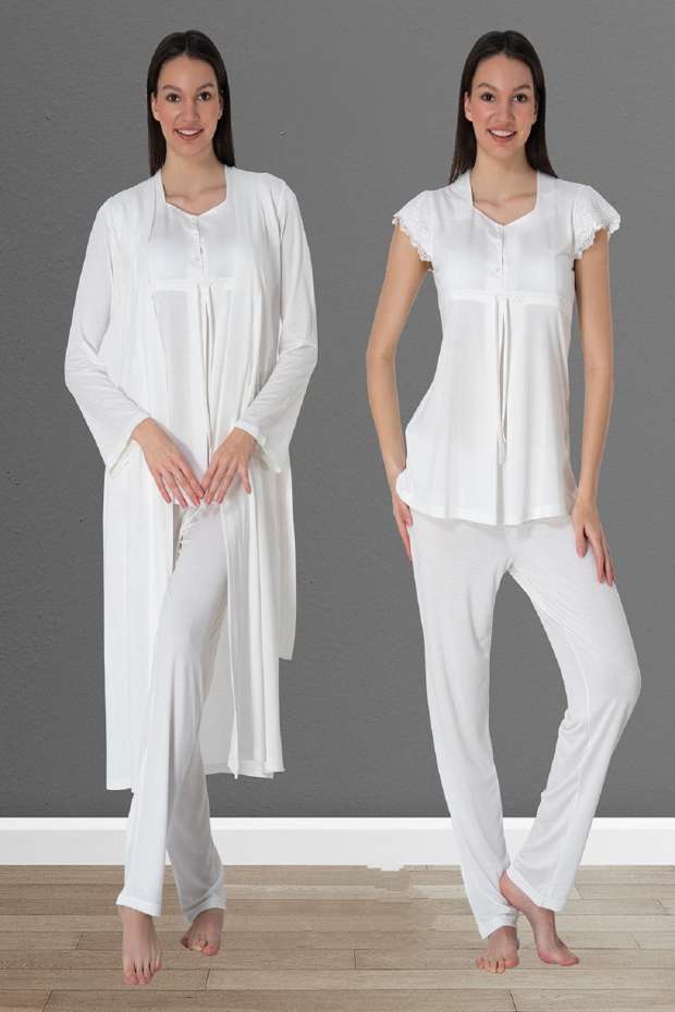 Ekru Hamile Lohusa Sabahlıklı Pijama Takımı