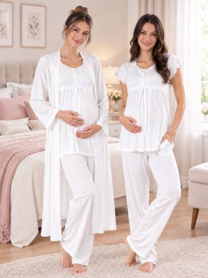 Effortt - Ekru Hamile Lohusa Sabahlıklı Ayarlanabilir Bel Lastikli Pijama Takımı