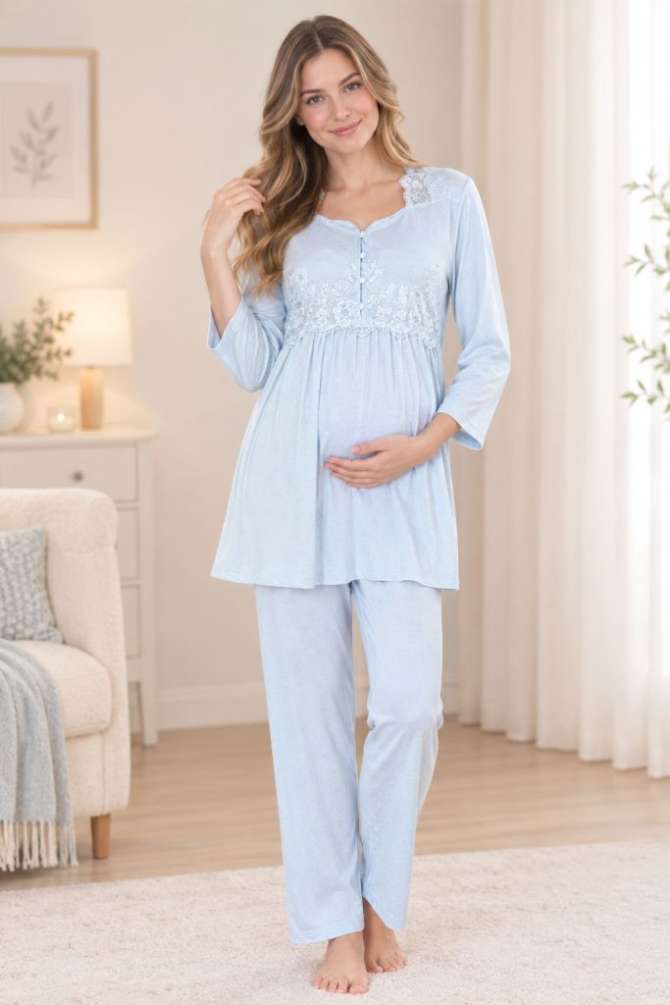 Mavi Emzirme Özellikli Hamile Lohusa Pijama Takımı