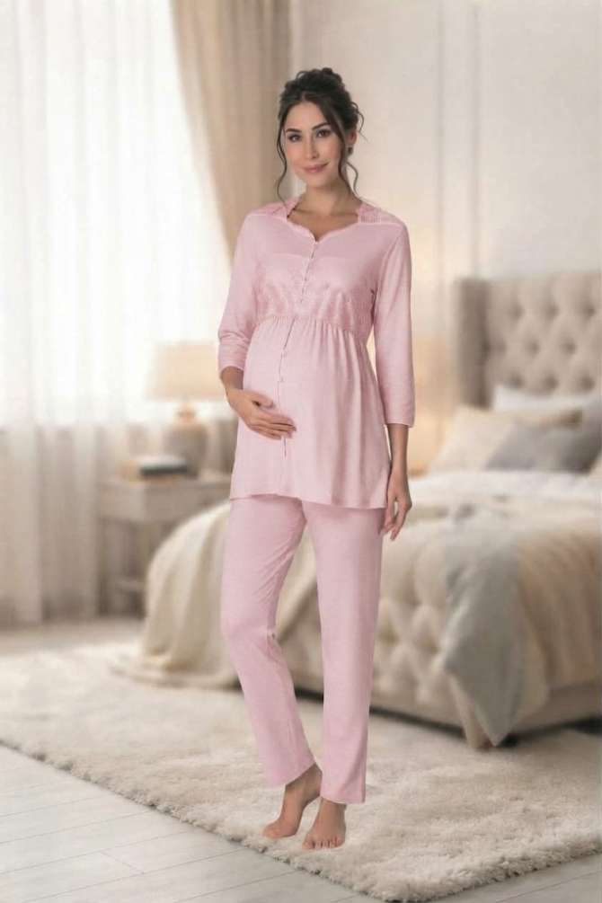 Pembe Emzirme Özellikli Hamile Lohusa Pijama Takımı