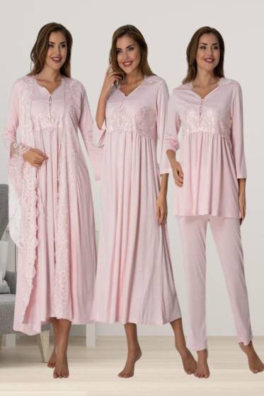 Effortt - Pembe Hamile Lohusa Sabahlıklı Gecelik Pijama Takımı Lohusa Seti