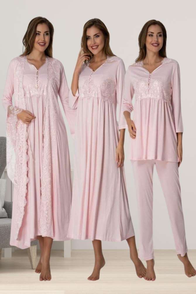 Effortt - Pembe Hamile Lohusa Sabahlıklı Gecelik Pijama Takımı Lohusa Seti