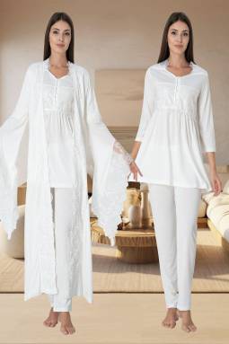 Effortt - Ekru Hamile Lohusa Sabahlıklı Pijama Takımı
