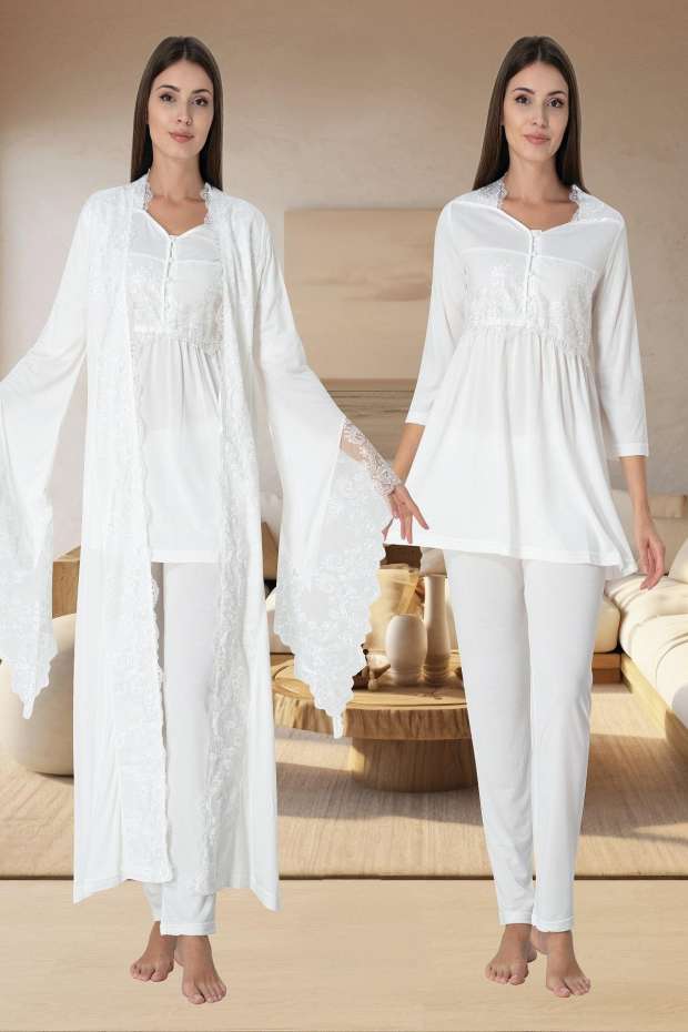 Ekru Hamile Lohusa Sabahlıklı Pijama Takımı