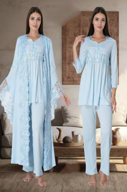 Effortt - Mavi Hamile Lohusa Sabahlıklı Pijama Takımı