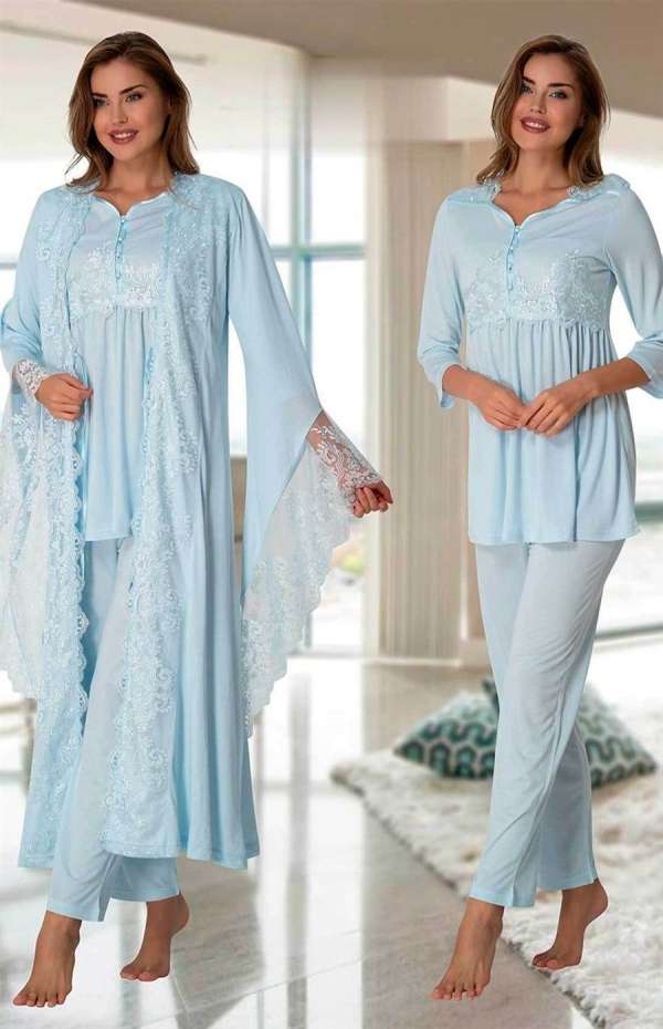 Mavi Hamile Lohusa Sabahlıklı Pijama Takımı