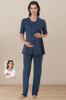 Effortt - İndigo Hamile Lohusa Emzirme Özellikli Pijama Takımı
