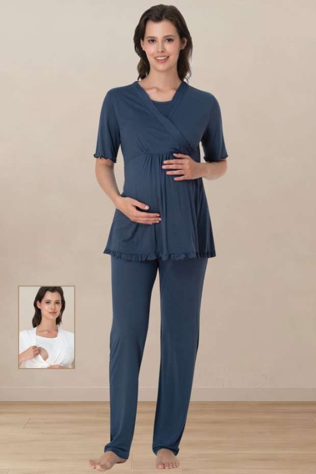 İndigo Hamile Lohusa Emzirme Özellikli Pijama Takımı