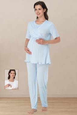 Effortt - Mavi Hamile Lohusa Emzirme Özellikli Pijama Takımı