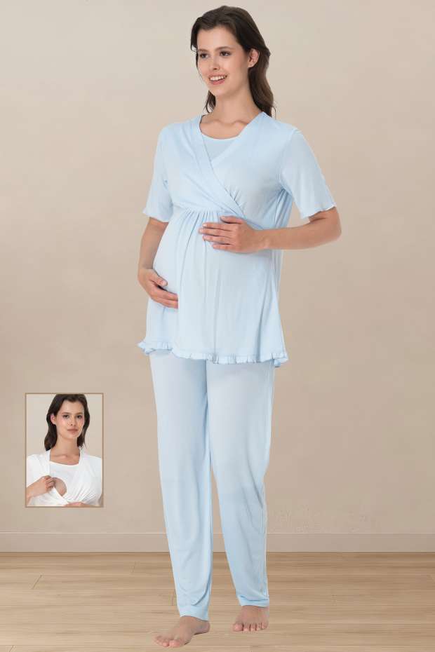 Mavi Hamile Lohusa Emzirme Özellikli Pijama Takımı