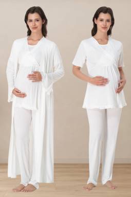 Effortt - Ekru Hamile Lohusa Sabahlıklı Pijama Takımı