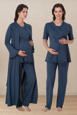 Effortt - İndigo Hamile Lohusa Sabahlıklı Pijama Takımı