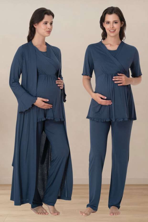 İndigo Hamile Lohusa Sabahlıklı Pijama Takımı