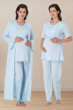 Effortt - Mavi Hamile Lohusa Sabahlıklı Pijama Takımı